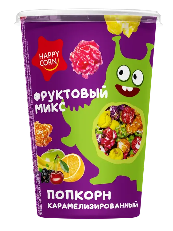 Воздушная кукуруза «HAPPY CORN» в стакане. — Фруктовый микс