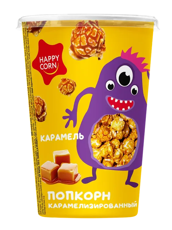 Воздушная кукуруза «HAPPY CORN» в стакане. — Карамель