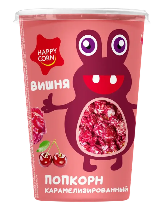 Воздушная кукуруза «HAPPY CORN» в стакане. — Вишня