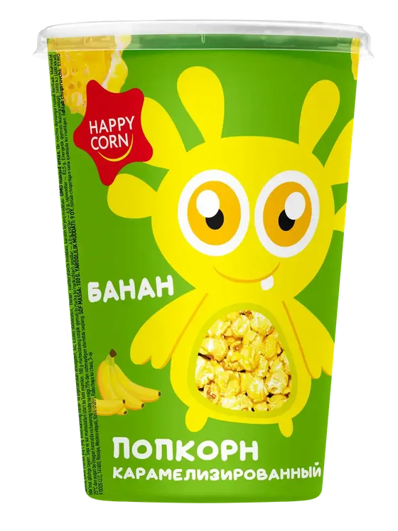 Воздушная кукуруза «HAPPY CORN» в стакане. — Банан